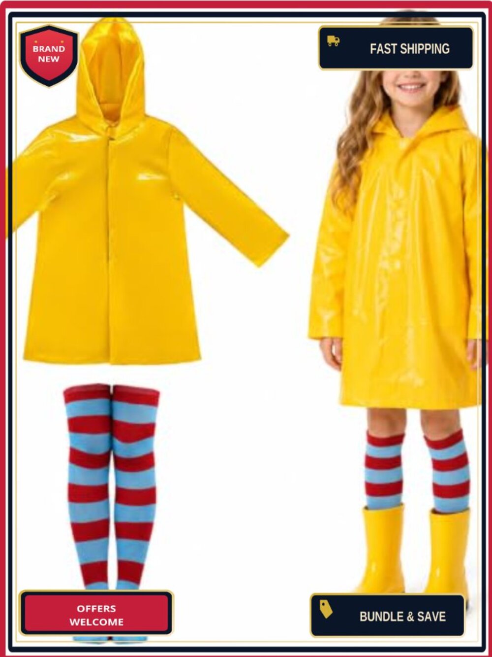 Girls Yellow Hooded Raincoat Jacket Set with Striped Socks, Lightweight